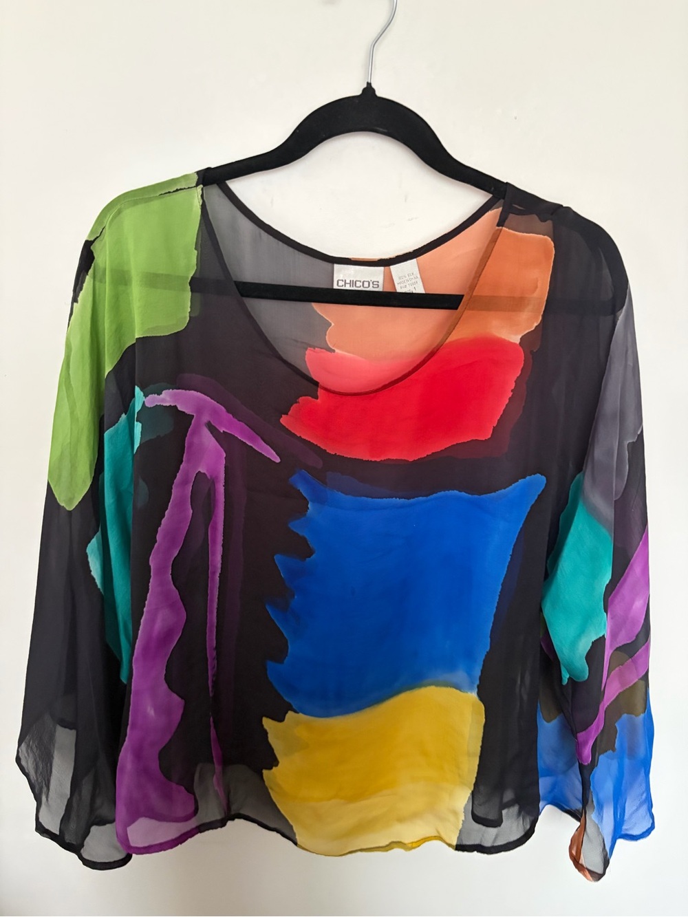 Chico's 100% Silk Multi-Color Sheer Brushstroke Print Top - Size 1